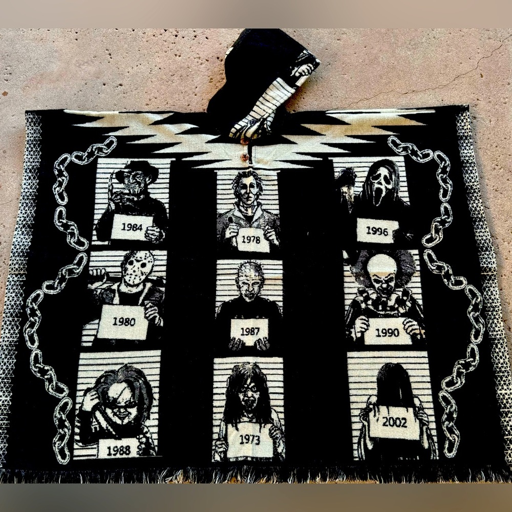 Horror Movie characters alpaca poncho, adult size, one size, handcrafted.